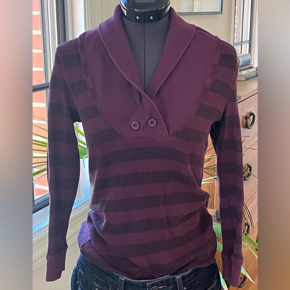 Splendid Wine Striped Shawl Collar Waffle Knit Top S